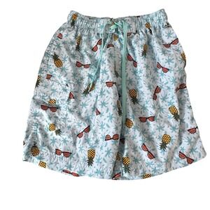 Rainforest‎ Cafe Mens Small Swim Trunks Blue Pineapple Tropical Cargo Shorts S